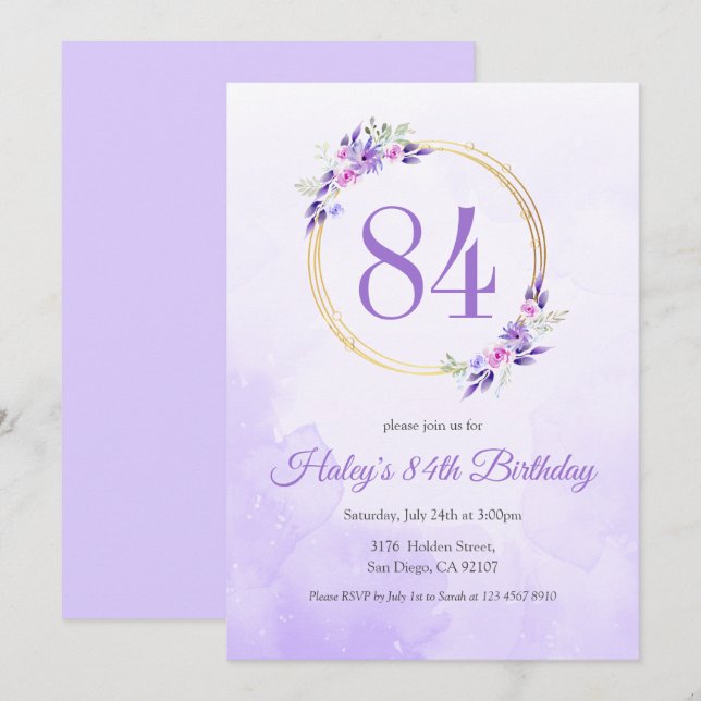 Pastel Purple Floral Golden Wreath 84th Birthday Invitation (Front/Back)