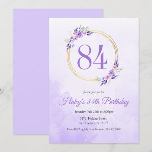 Pastel Purple Floral Golden Wreath 84th Birthday Invitation