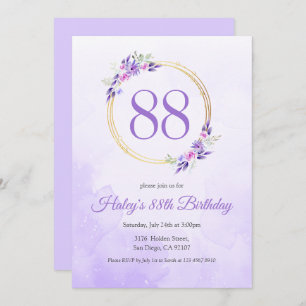 Pastel Purple Floral Golden Wreath 88th Birthday Invitation