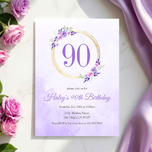 Pastel Purple Floral Golden Wreath 90th Birthday Invitation