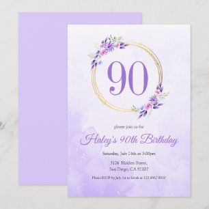 Pastel Purple Floral Golden Wreath 90th Birthday Invitation