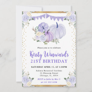 Pastel Purple Floral Pumpkin Fall 21st Birthday Invitation