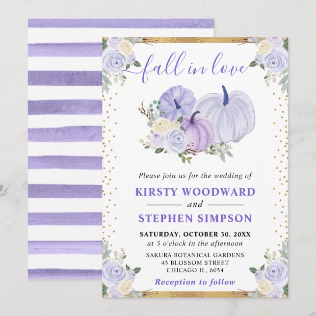 Pastel Purple Floral Pumpkins Fall Wedding Invitation (Front/Back)