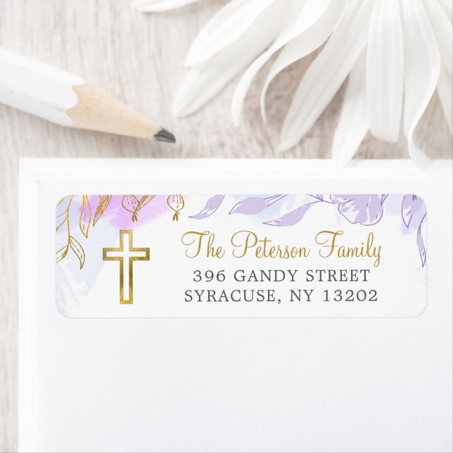 Pastel Purple Gold Floral Adresse de retour religi (En situation)