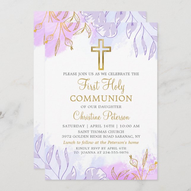 Pastel Purple Gold Floral First Holy Communion Invitation (Front/Back)