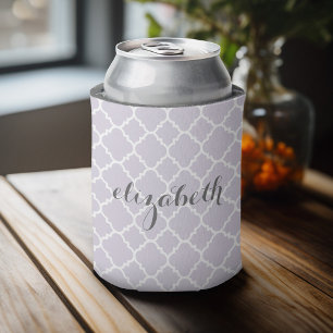 Pastel Purple Grey Quatrefoil Pattern Custom Name Can Cooler