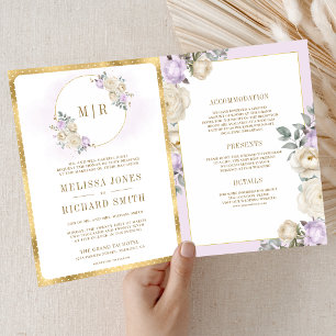 Pastel Purple Ivory Floral Gold All in One Wedding Invitation