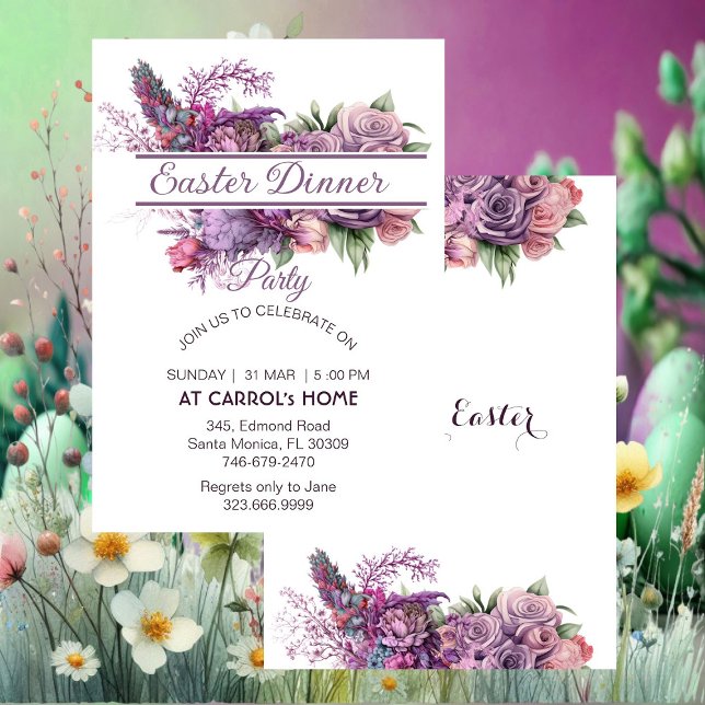 Pastel Purple Lilac Flora Rose Easter Dinner Party Invitation (Pastel Purple Lilac Flora Rose Easter Dinner Party Invitation)
