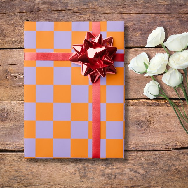 Pastel Purple Orange Chequered Chequerboard Wrapping Paper (Creator Uploaded)