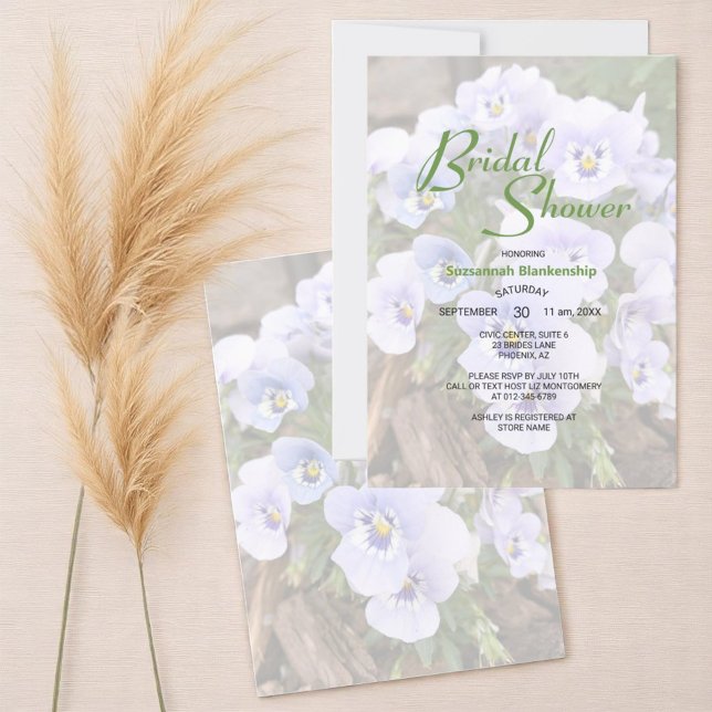 Pastel Purple Pansies Photo Bridal Shower Template (template text on front with floral photo and floral photo back bridal shower invitation)