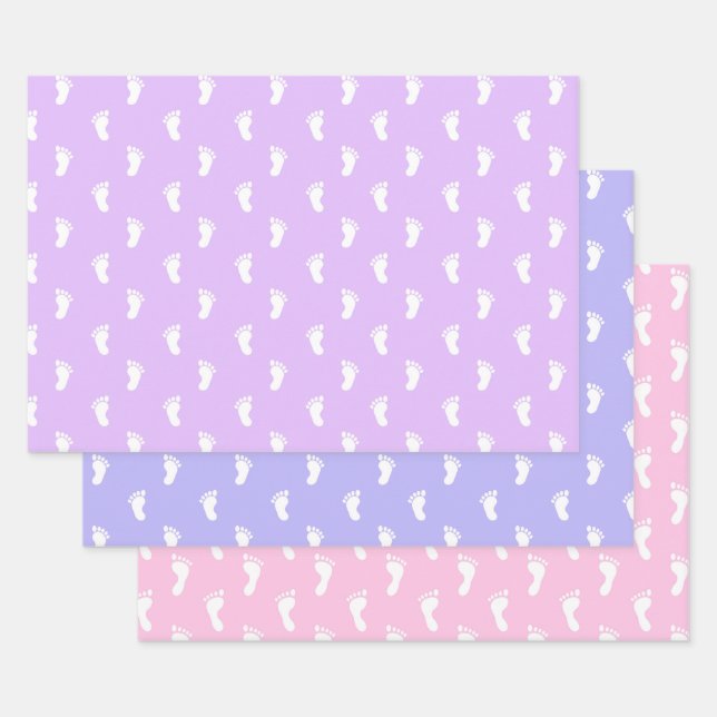 PASTEL PURPLE PERIWINKLE PINK ROWS OF BABY FEET WRAPPING PAPER SHEET (Set)