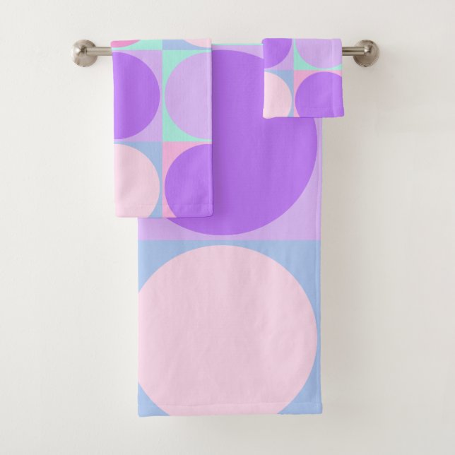 Pastel Purple Pink Aqua Geometric Circle Shape Art Bath Towel Set (Insitu)