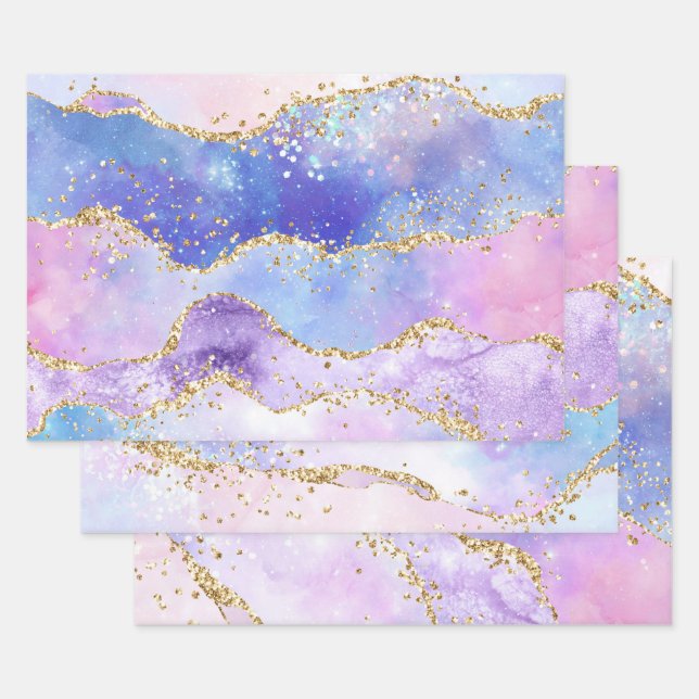Pastel Purple, Pink & Gold Glitter Agate Wrapping Paper Sheet (Set)