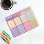 Pastel Purple Pink Yellow Gradient Weekly Planner Notepad<br><div class="desc">Organize your week with this personalized weekly planner notepad. It has two fields on top where the week and month can be entered, and eight fields on the main part for the seven days of the week, plus a field for your notes, all in pastel colours of purple, pink, and...</div>