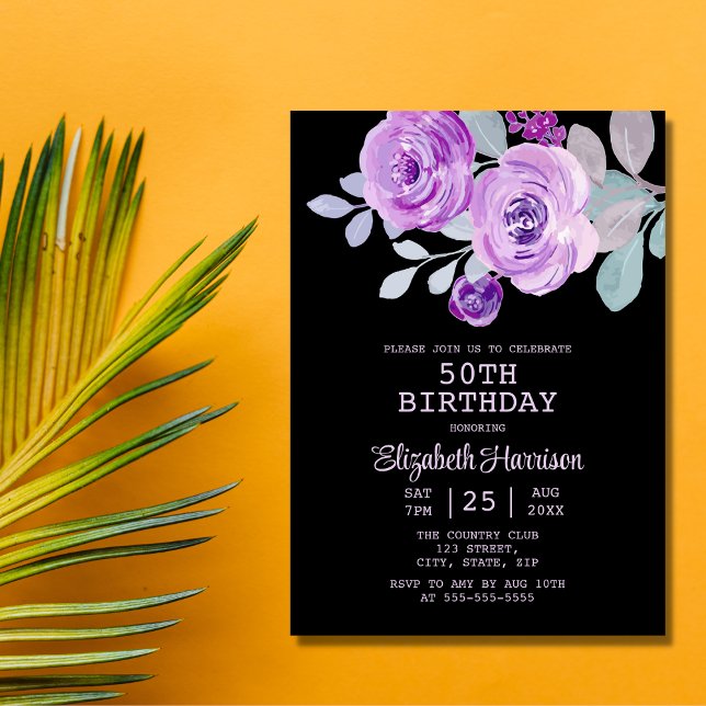 Pastel Purple Rose Floral Black 50th Birthday  Invitation (Creator Uploaded)