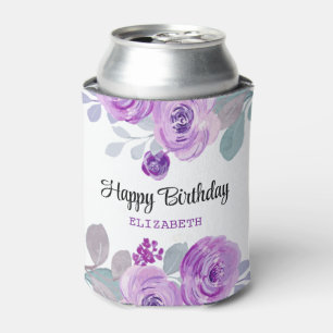 Pastel Purple Rose Greenery Happy Birthday  Can Cooler