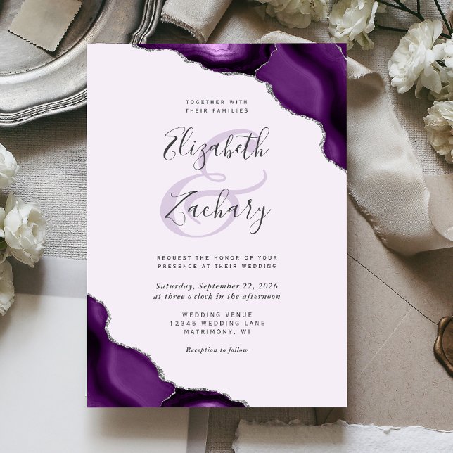 Pastel Purple Silver Agate Corners Wedding Invitation (Creator Uploaded)