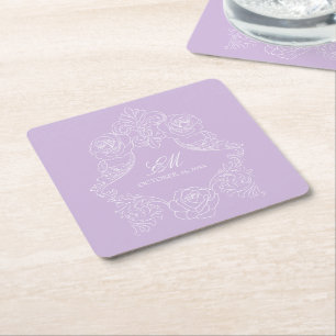 Pastel Purple Victorian Wedding Monogram Crest Square Paper Coaster