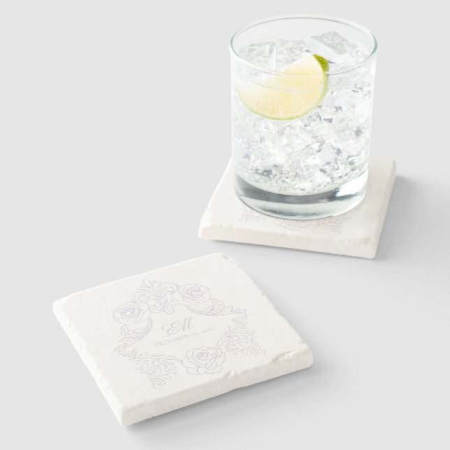 Pastel Purple Victorian Wedding Monogram Crest Stone Coaster (Side)