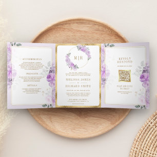 Pastel Purple Watercolor Floral All in One Wedding Tri-Fold Invitation