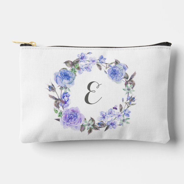 Pastel Purple Watercolor Floral  | Monogram Accessory Pouch (Front)