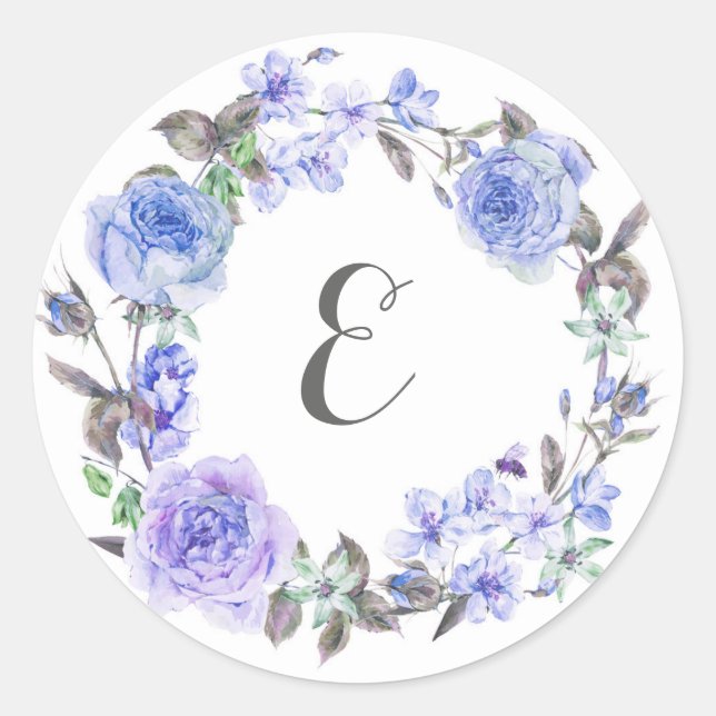 Pastel Purple Watercolor Floral | Monogram Classic Round Sticker (Front)