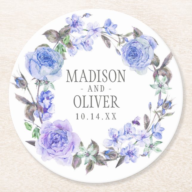 Pastel Purple Watercolor Floral | Wedding Round Paper Coaster (Front)