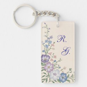 Pastel Purple, White & Blue Botanical Floral Print Keychain