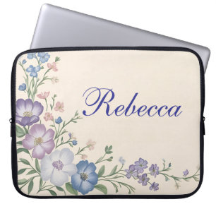 Pastel Purple, White & Blue Botanical Floral Print Laptop Sleeve