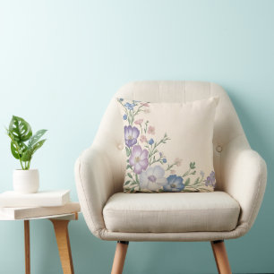Pastel Purple, White & Blue Botanical Floral Print Throw Pillow