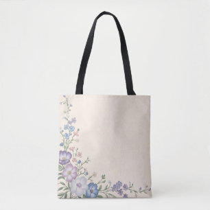 Pastel Purple, White & Blue Botanical Floral Print Tote Bag
