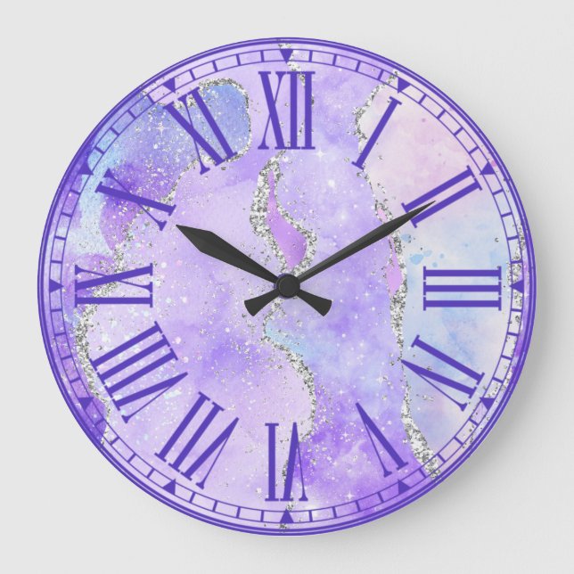 Pastel Purple & White Faux Silver Glitter Agate Large Clock (Front)