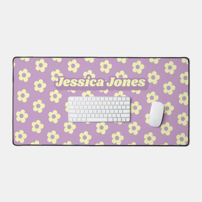 Pastel Purple Yellow Cute Daisy Retro Name Desk Mat (Keyboard & Mouse)
