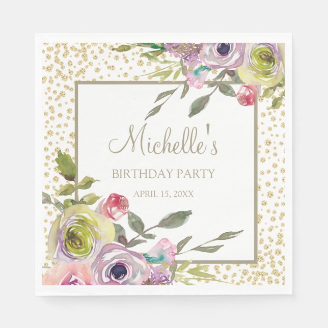 Pastel Purple Yellow Floral Gold Glitter Birthday  Napkin (Front)