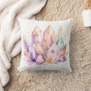 Pastel Quartz Crystals Feathers & Gold Throw Pillow