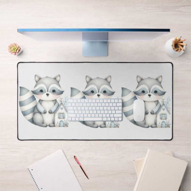 Pastel Raccoon Cottage Neutral Woodland Scene (Bureau 1)