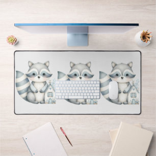Pastel Raccoon Cottage Neutral Woodland Scene Desk Mat