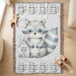 Pastel Raccoon Cottage Neutral Woodland Scene Throw Blanket