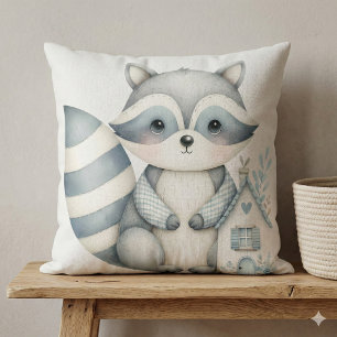 Pastel Raccoon Cottage Neutral Woodland Scene Throw Pillow