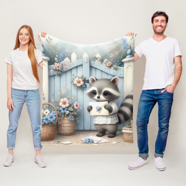 Pastel Raccoon Letter Garden Fleece Blanket (In Situ)