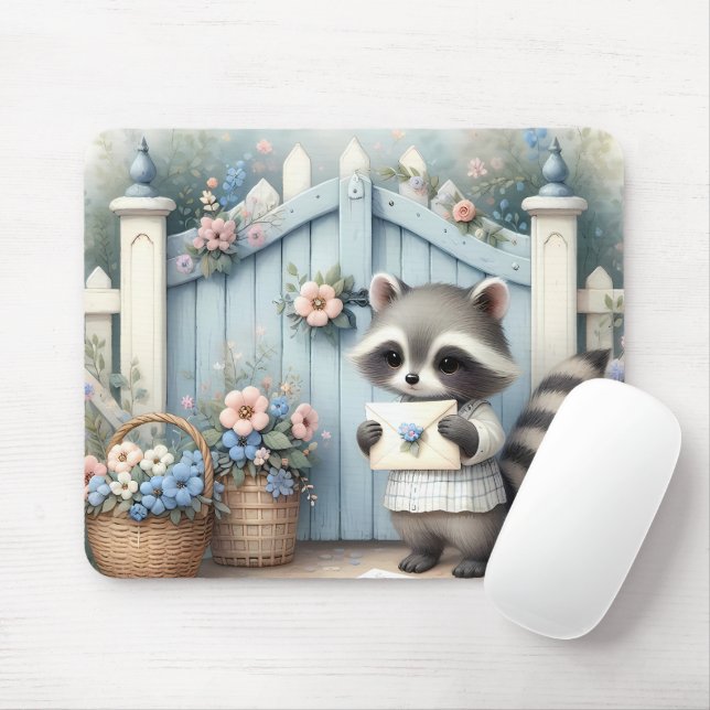 Pastel Raccoon Letter Garden Mouse Pad (With Mouse)