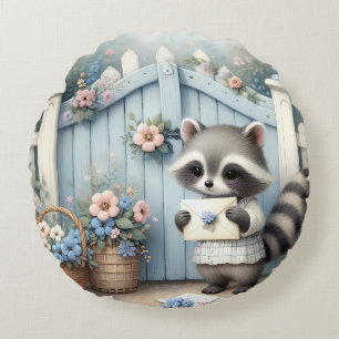 Pastel Raccoon Letter Garden Round Pillow