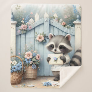 Pastel Raccoon Letter Garden Sherpa Blanket