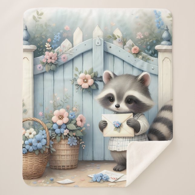 Pastel Raccoon Letter Garden Sherpa Blanket (Front)