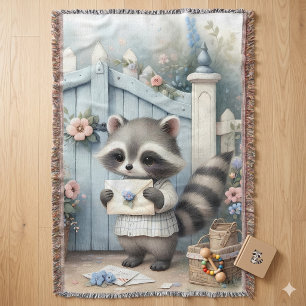 Pastel Raccoon Letter Garden Throw Blanket