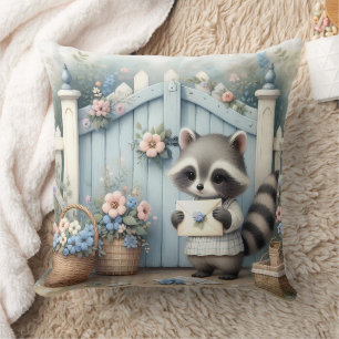 Pastel Raccoon Letter Garden Throw Pillow