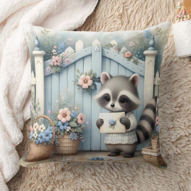 Pastel Raccoon Letter Garden Throw Pillow (Blanket)