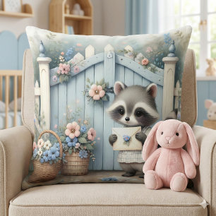 Pastel Raccoon Letter Garden Throw Pillow