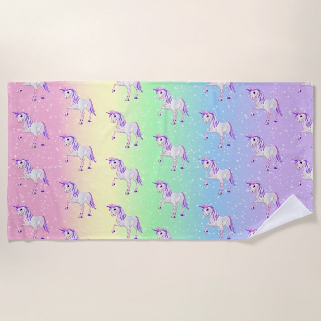 Pastel Rainbow and Cute 🦄 Unicorn Pattern Beach Towel (Front)