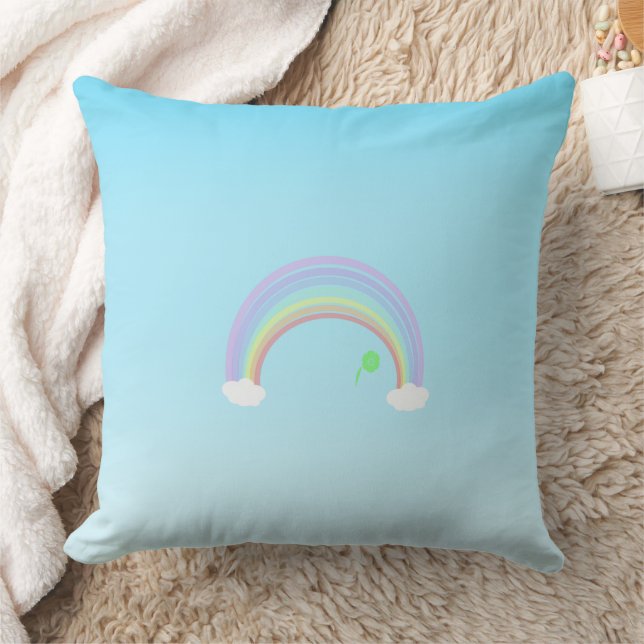 Pastel Rainbow and green flower blue gradient sky Throw Pillow (Blanket)